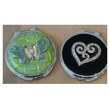 K - Round Compact Mirrors - Butterfly & Heart Rhinestone (2-Piece Set)