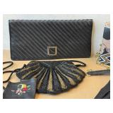 Black Leather Clutch, Evening Bag with Pink Floral Clutch, Beaded Bag & Gloves