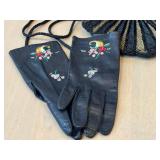 Black Leather Clutch, Evening Bag with Pink Floral Clutch, Beaded Bag & Gloves
