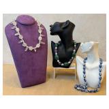 Three Beaded Necklaces - Clear Quartz Chunk, Green & Amethyst Beads, Delft Blue Porcelain Beads (Lot of 3)