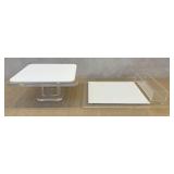 DR - Two Lucite Serving Trays including a Lucite White and Clear Countertop Pedestal Cake Stand and