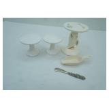 3ct White Ceramic Pedestal stands, Porcelain scoop, cheese knife