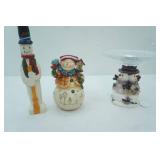 Snowman Figurines, Ceramic, Carved Wood