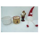 Valentines Gnome, White Wooden Basket, Santa Claus Cookie Tin, Fishing Santa Claus Figurine