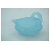 Vintage Frosted Blue Satin Glass Swan Nesting Dish 5" long by 3.5" tall