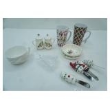 Ceramic Holiday Salt & Pepper Shakers, Mugs, Cheese Knives, Bowls