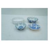 Vintage Chinese Blue & White Porcelain Lotus-Shaped Bowls, Vintage English Chippendale Johnson Bros England, & White Woven Ceramic Dish