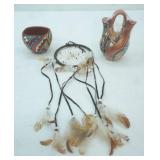 Jemez Pueblo Pottery Wedding Vase, another Vase, and Handmade Dream Catcher
