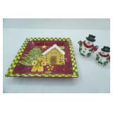 Laurie Gates Gingerbread Man Ceramic Square Serving Tray, 2 Snowman Candles