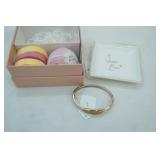 Gold Tone Monet Cuff Bracelet, Bath Bomb, Shower Steamers, and Gold Accented Queen Bee Soap Plate, Gift Box