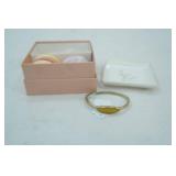 Gold Tone Monet Cuff Bracelet, Bath Bomb, Shower Steamers, and Gold Accented Queen Bee Soap Plate, Gift Box