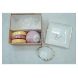 Gold Tone Monet Cuff Bracelet, Bath Bomb, Shower Steamers, and Gold Accented Queen Bee Soap Plate, Gift Box