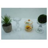 Decor Lot: Artificial Green Plants, Clear Glass Candle Holders, Small Ceramic Canister w/Lid