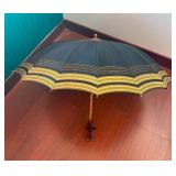 Navy Blue Umbrella with Yellow Stripe Edge - Wooden Handle