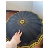 Navy Blue Umbrella with Yellow Stripe Edge - Wooden Handle