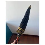 Navy Blue Umbrella with Yellow Stripe Edge - Wooden Handle