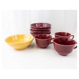 Hall USA Burgundy Dinnerware Set - 3 Burgundy Mugs, 4 Burgundy Bowls, 1 Yellow Bowl (1102)