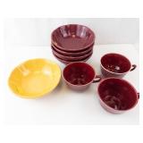 Hall USA Burgundy Dinnerware Set - 3 Burgundy Mugs, 4 Burgundy Bowls, 1 Yellow Bowl (1102)