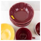 Hall USA Burgundy Dinnerware Set - 3 Burgundy Mugs, 4 Burgundy Bowls, 1 Yellow Bowl (1102)