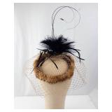 Fascinator Hat - Brown Fur Trim, Black Feathers, Birdcage Net Veil