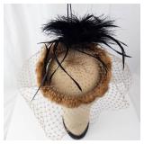 Fascinator Hat - Brown Fur Trim, Black Feathers, Birdcage Net Veil