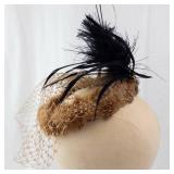 Fascinator Hat - Brown Fur Trim, Black Feathers, Birdcage Net Veil