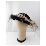 Cloche Hat - Black Felt with Beige Feather Trim, Vintage Style Dress Accessory