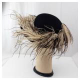 Cloche Hat - Black Felt with Beige Feather Trim, Vintage Style Dress Accessory