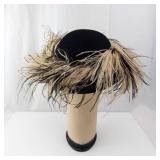 Cloche Hat - Black Felt with Beige Feather Trim, Vintage Style Dress Accessory