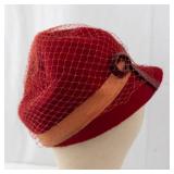 Red Velvet Cloche Hat With Birdcage Net Veil And Beige Satin Band