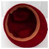 Red Velvet Cloche Hat With Birdcage Net Veil And Beige Satin Band