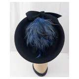 Black Felt Fascinator Hat - Blue Feather Accent & Rhinestone Brooch