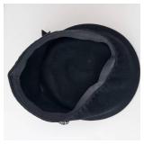 Black Felt Fascinator Hat - Blue Feather Accent & Rhinestone Brooch