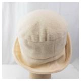 Vintage Cream Wool Felt Cloche Hat with Purple Rhinestone Floral Brooch