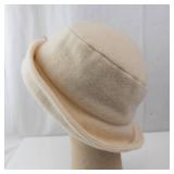 Vintage Cream Wool Felt Cloche Hat with Purple Rhinestone Floral Brooch