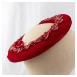 Headpiece - Red Velvet Circular Hat with Pink Ornamental Trim