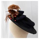 Black Wide-Brim Hat - Berry & Leaf Accent with Satin Bow