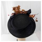 Black Wide-Brim Hat - Berry & Leaf Accent with Satin Bow