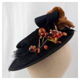 Black Wide-Brim Hat - Berry & Leaf Accent with Satin Bow