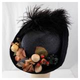 Feathered Black Hat - Feather Plume & Floral Berry Embellishment