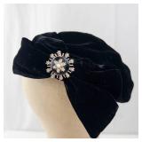 Black Velvet Turban Hat with Crystal Brooch - Size Large