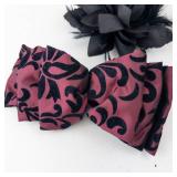 Burgundy Satin Bow Hair Clip Set with Black Pattern & Black Feather Flower Clip (Two-Piece)