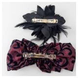 Burgundy Satin Bow Hair Clip Set with Black Pattern & Black Feather Flower Clip (Two-Piece)
