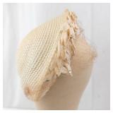 Beige Straw Hat with Fabric Floral Accents & Veil - Women