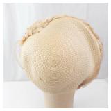 Beige Straw Hat with Fabric Floral Accents & Veil - Women