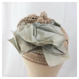 Beige Crochet Lace Bonnet Hat with Gray Ribbon - Vintage Style Headpiece