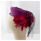 Pillbox Hat Magenta with Black Net Veil and Red Floral Accent