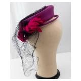Pillbox Hat Magenta with Black Net Veil and Red Floral Accent