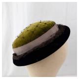 Chanda by Harold Hat - Green Velvet Crown, Black Brim, Net Veil, Vintage Millinery