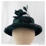 Jen Field Felts Green 100% Virgin Wool Hat with Feather & Veil Netting (Newmann)